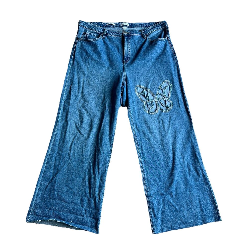 Ava & Viv Wide Leg Blue Denim Jeans with Butterfly Patch